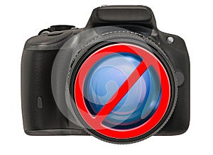 Forbidden sign with digital camera. No photo concept, 3D rendering