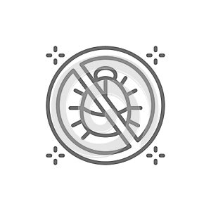 Forbidden sign with dust mites, no dust, anti allergic materials line icon.