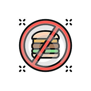 Forbidden sign with a hamburger, no fast food flat color line icon.