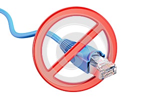 Forbidden sign with network computer cable, 3D rendering