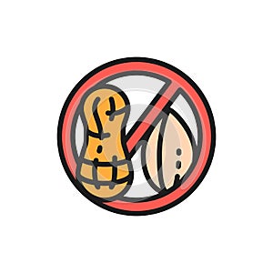 Forbidden sign with peanut, groundnut free, nut allergy flat color line icon.