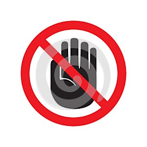 Forbidden sign with stop hand glyph icon. No entry prohibition. Do not touch. Silhouette symbol. Negative space. Vector isolated i photo