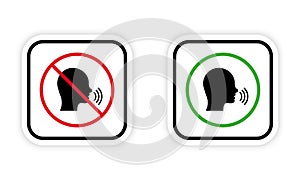 Forbidden Speak Zone Red Round Sign. Man Talk Black Silhouette Icon Set. Allowed Speak Area Shout Green Symbol. Please