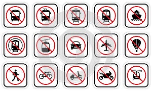 Forbidden Vehicle Car, Train, Bicycle, Trolley, Shuttle Bus, Tram, Bike, Motorcycle Silhouette Icon Set. Prohibited Road