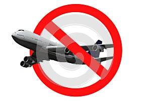 The forbidding sign shows an airplane.Concept: closing of air borders, restriction of flights, prohibited flight from the country,