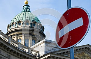 Forbiden sign on a background of an orthodox temple