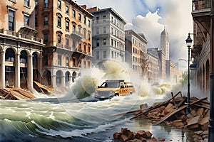 Force of Nature Unleashed: Watercolor of a Powerful Flood Sweeping Through a City Street - Aged Buildings Crumbling Under the