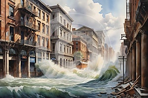 Force of Nature Unleashed: Watercolor of a Powerful Flood Sweeping Through a City Street - Aged Buildings Crumbling Under the