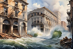 Force of Nature Unleashed: Watercolor of a Powerful Flood Sweeping Through a City Street - Aged Buildings Crumbling Under the