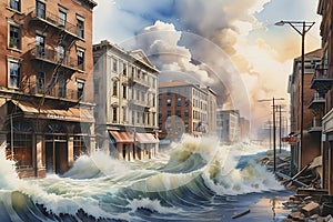 Force of Nature Unleashed: Watercolor of a Powerful Flood Sweeping Through a City Street - Aged Buildings Crumbling Under the