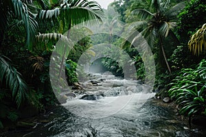 A forceful river cuts through a dense and lush green forest, creating an awe-inspiring scene, Wild river coursing through an