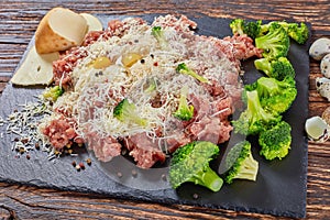 Forcemeat with cheese, broccoli, panko and eggs