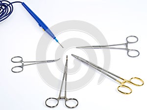 Forceps, scalpels and various tools in operating room