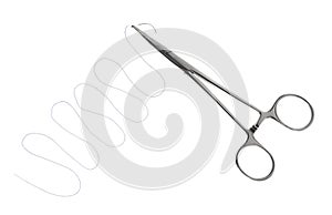 Forceps with suture thread on white, top view. Medical equipment