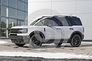 Ford Bronco display at a dealership in snow. Broncos can be ordered in a base model or Ford has up to 200 accessories for street