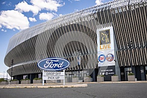 The Ford drop off and pick up area at the Nassau Coliseum. New York Islanders and Long Island Nets banner