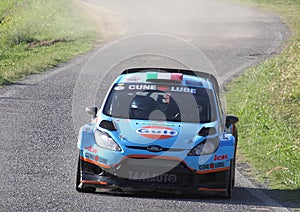 A Ford Fiesta Wrc R5 rally car at the Alba Rally on 28 July 2019