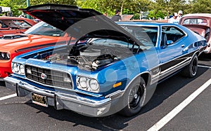 A Ford Gran Torino coupe on display at a car show in Pittsburgh, Pennsylvania, USA