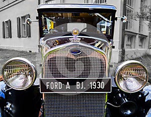 Ford Model A, front view of the vehicle of the American car manufacturer Ford from 1930, antique vehicle with large chrome