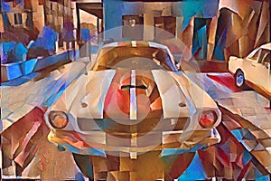 Ford Mustang 1963 car with red racing stripes illustration in the style of Cubo-Futurism photo