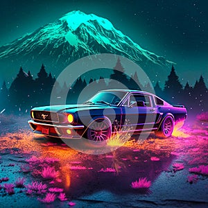 A ford mustang going up the mountain. Generative AI