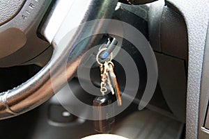 Ford, steering wheel and key close-up. Photograph of a modern car interior