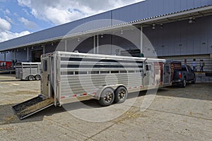 A Ford Truck, and Long Livestock Trailer transporting Boer Goats from the Menger Creek Ranch