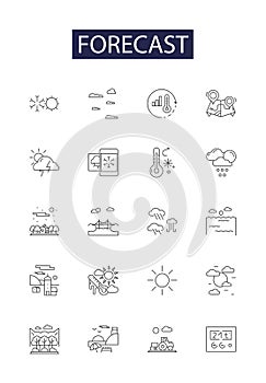 Forecast line vector icons and signs. Anticipate, Foretell, Foresee, Presage, Forecast, Foreshadows, Conjecture