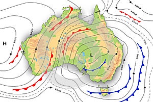 Forecast weather map of Australia. Meteorological, topography and physical map. Template of synoptic map showing of movement