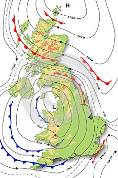 Forecast weather map of Great Britain. Meteorological, topography, physical map. Template of synoptic map showing of movement