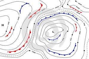 Forecast weather map. Meteorological weather map. Infographic template of climate generic system map for synoptic prediction map