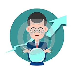 Forecasting concept with business man using the crystal ball to forecast future business and arrow up background vector design