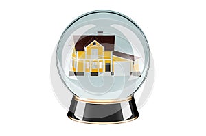 Forecasting for Real Estate, concept. Crystal ball with home inside, 3D rendering