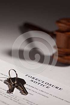 Foreclosure Notice, Gavel and House Keys