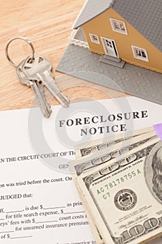 Foreclosure Notice, Home, House Keys and Money