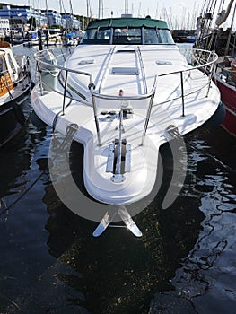 Foredeck of a luxury motor yacht, details, railing, windlass, anchor box, Germany, Europe, Heiligenhafen