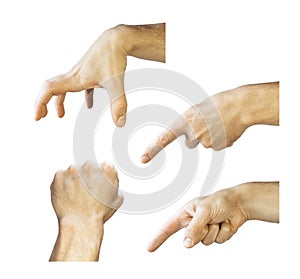 Forefinger hand gesture. Pointing finger. Grabbing hand and fist. Hand gestures isolated on white background