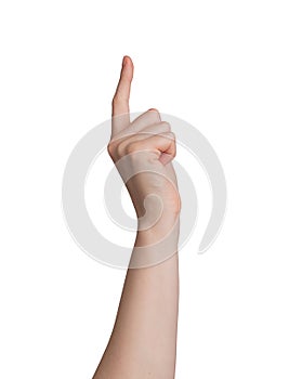 Forefinger showing, pointing up, hand gesture isolated on white