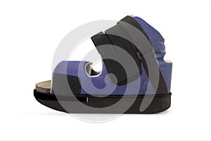 Forefoot Off-loading Shoe after fractures. Detachable therapeutic shoes. Post operative heel shoe on white background. Medical Ort photo