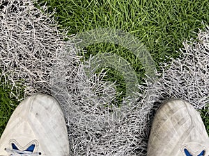 The forefoot of sports shoes on artificial turf. photo