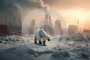 In the foreground, an Arctic bear stands tall while smokestacks from factories form a somber backdrop. Symbolizing the pressing