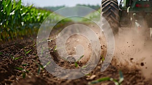 In the foreground a closeup of a tractor plowing the land with a cloud of dust trailing behind. In the background a lush