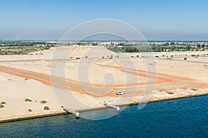 The west side of Suez Canal. View from the water. Suez Canal, Egypt