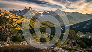 Foreground are covered with dense coniferous forests and scattered