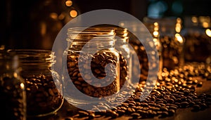 Foreground focus on fresh coffee bean jar on wooden table generated by AI