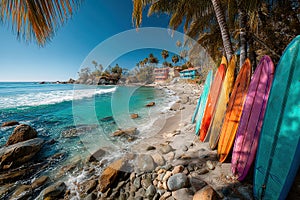 Foreground multiple surfboards blue, green, pink, orange, yellow on sandy beach Background palm trees, buildings, calm ocean photo