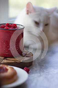 In the foreground is a red mug with garden raspberries, in the background a cheesecake with berry filling, light background, defoc