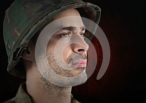 foreground of soldier side-face. red and black background