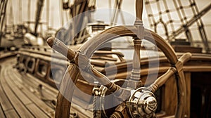 In the foreground a vintage tant leans against the ships wheel a nod to the navigational tools of the past. The sepia