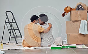 Forehead, floor or black couple love home renovation, diy or house remodel a wall together. Back view, painting or